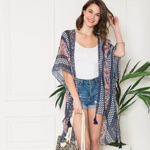 Justin Taylor Mixed Print Tassel Detail Kimono